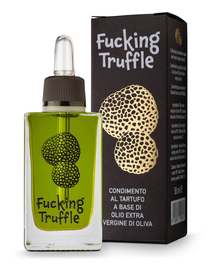 Huile d'olive Fucking Truffle 50ml avec compte-gouttes, sauce piquante et huile piquante, emballage noir élégant et moderne.