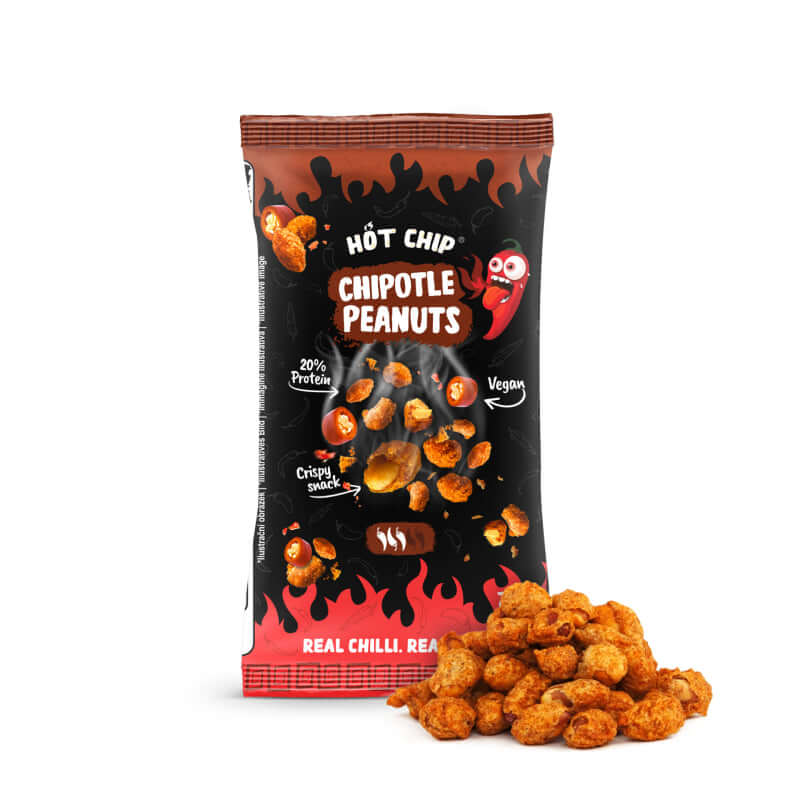 Cacahuètes Chipotle 70g Hot Chip, sauce piquante végan avec enrobage croquant et épicé, saveur fumée de bois de pécan, pack et cacahuètes.