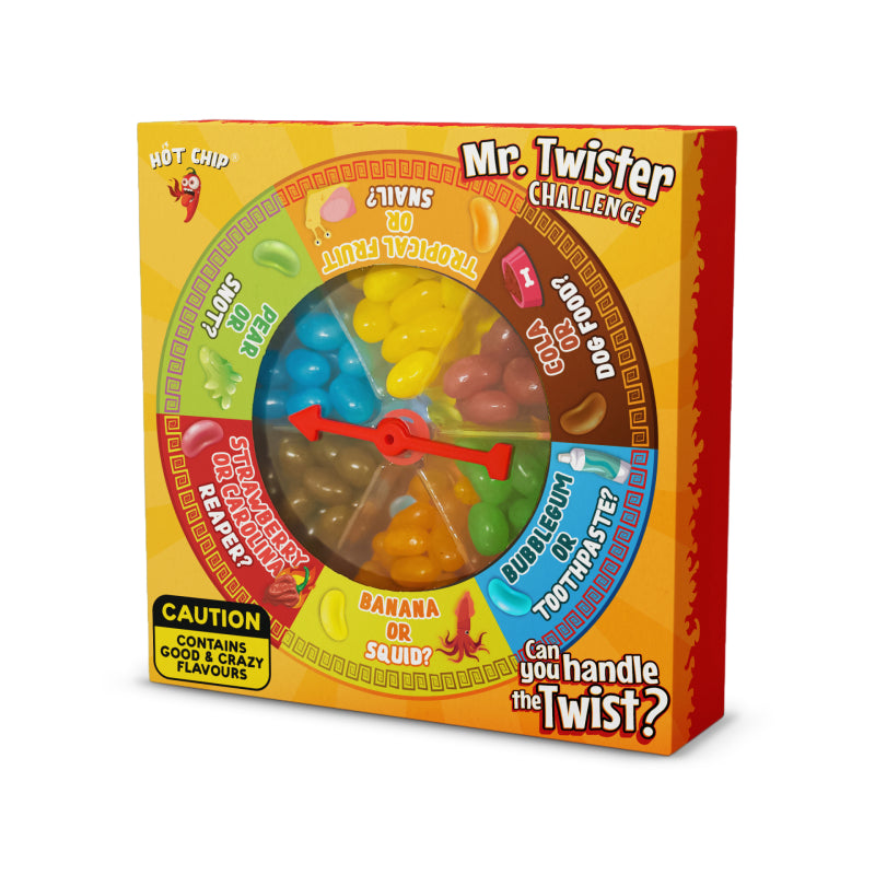 Mr Twister Jelly Beans Challenge 120g, saveurs folles et sucrées avec des touches de sauce piquante et huile piquante. Packaging boîte jaune.