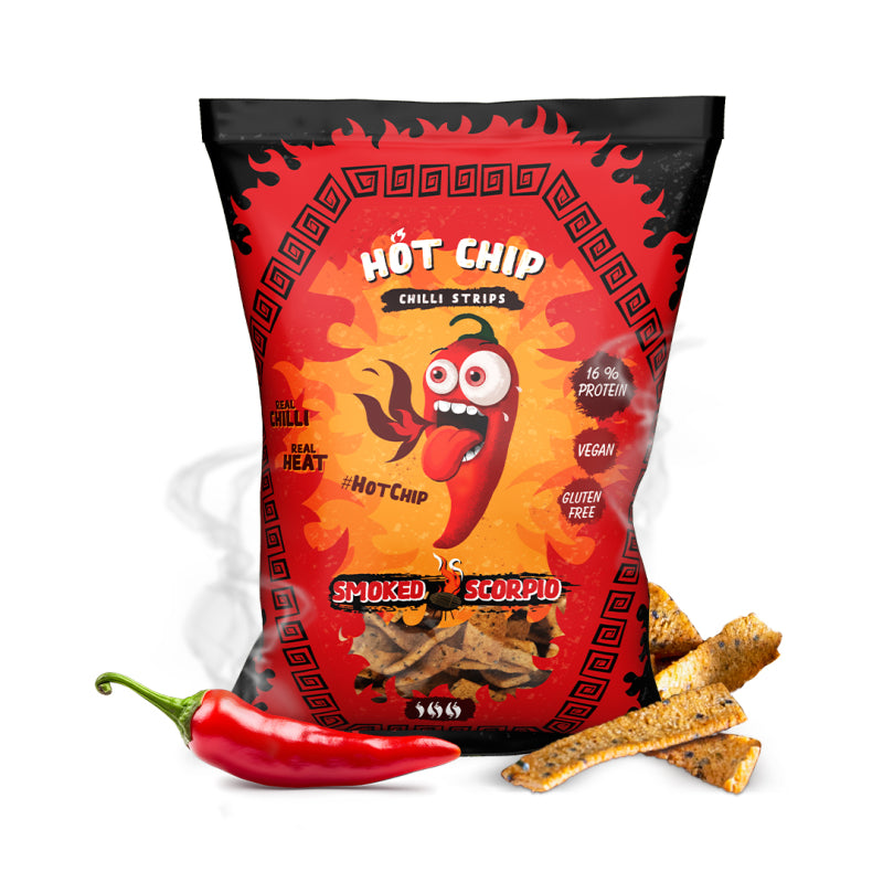 Emballage de Strips Smoked Scorpio 80g avec piment et bandes croustillantes, sauce piquante, sauce barbecue, sans gluten, 16g de protéines