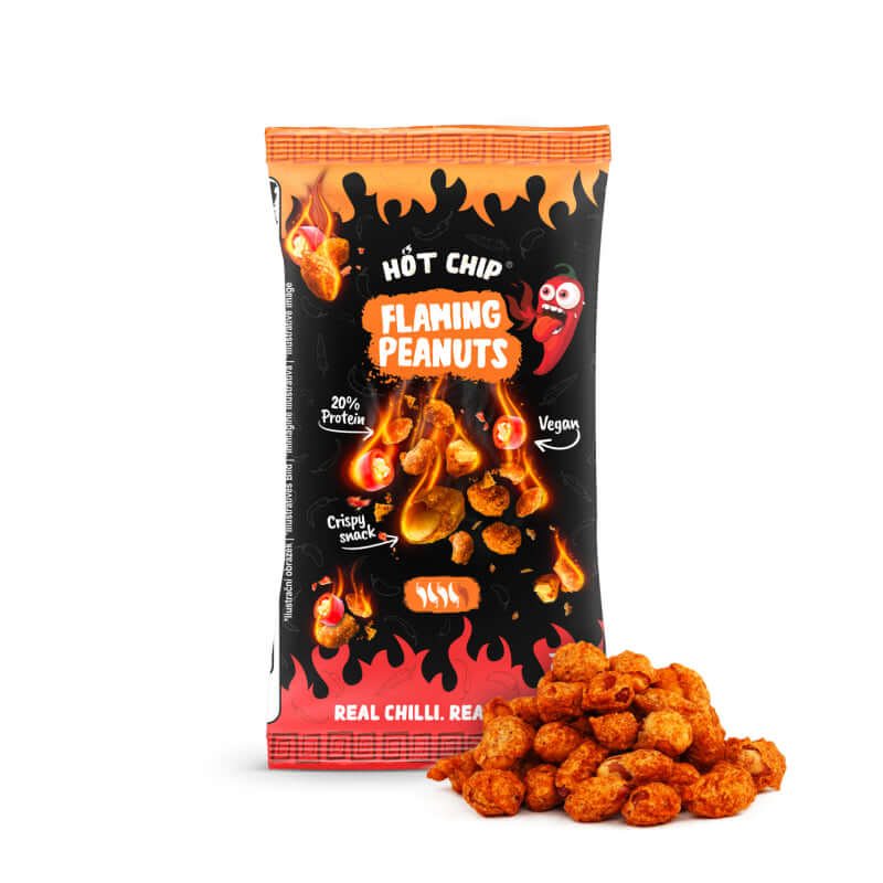 Sachet de Flamming Peanuts 70g avec sauce piquante, snack croquant et épicé.