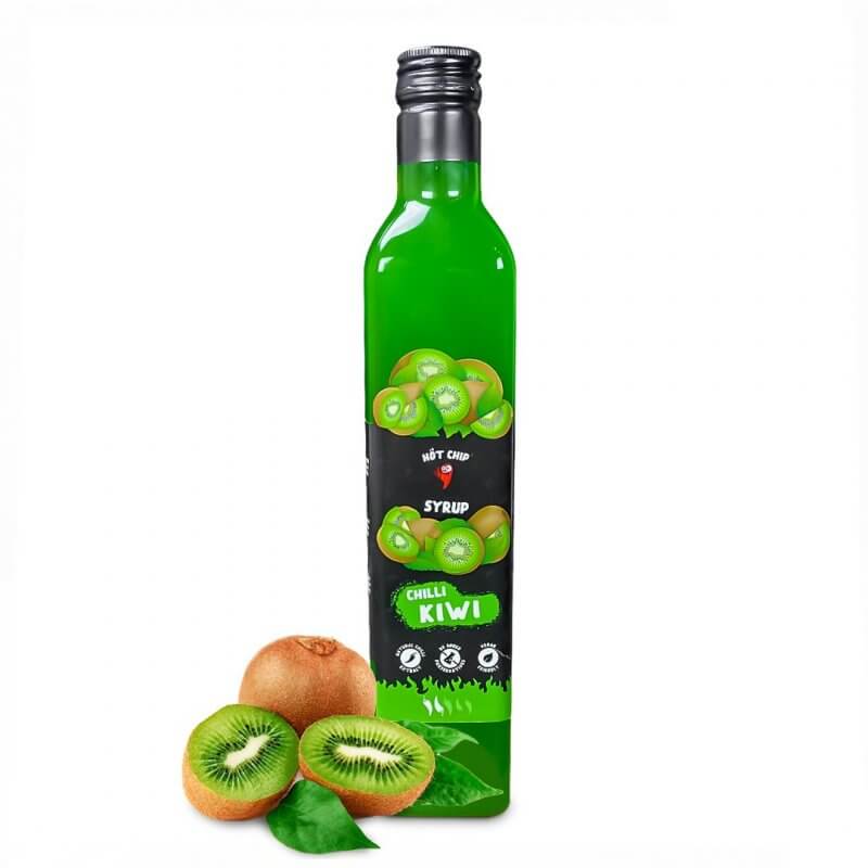Bouteille de sirop de kiwi 550ml avec kiwi tranché et entier, parfaite pour des boissons mixtes estivales sans édulcorants artificiels et sauce piquante.