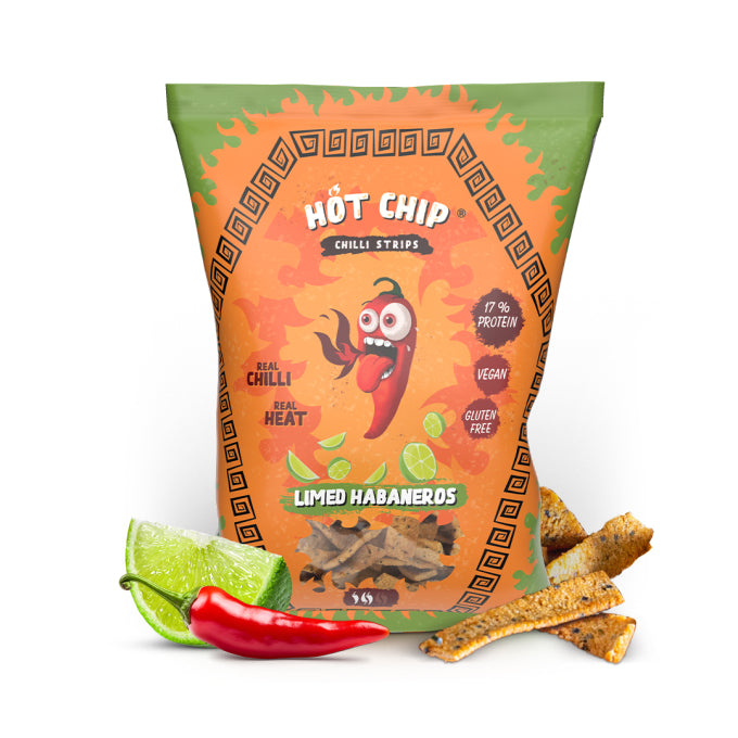 Paquet de chips épicées Limed Habanero 80g, riches en protéines, sans gluten, véganes, accompagnées de piments et de citrons verts.