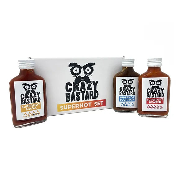 Coffret 3 Sauces Piquantes Fermentées Super Hot Crazy Bastard : Naga, Scorpion et Reaper