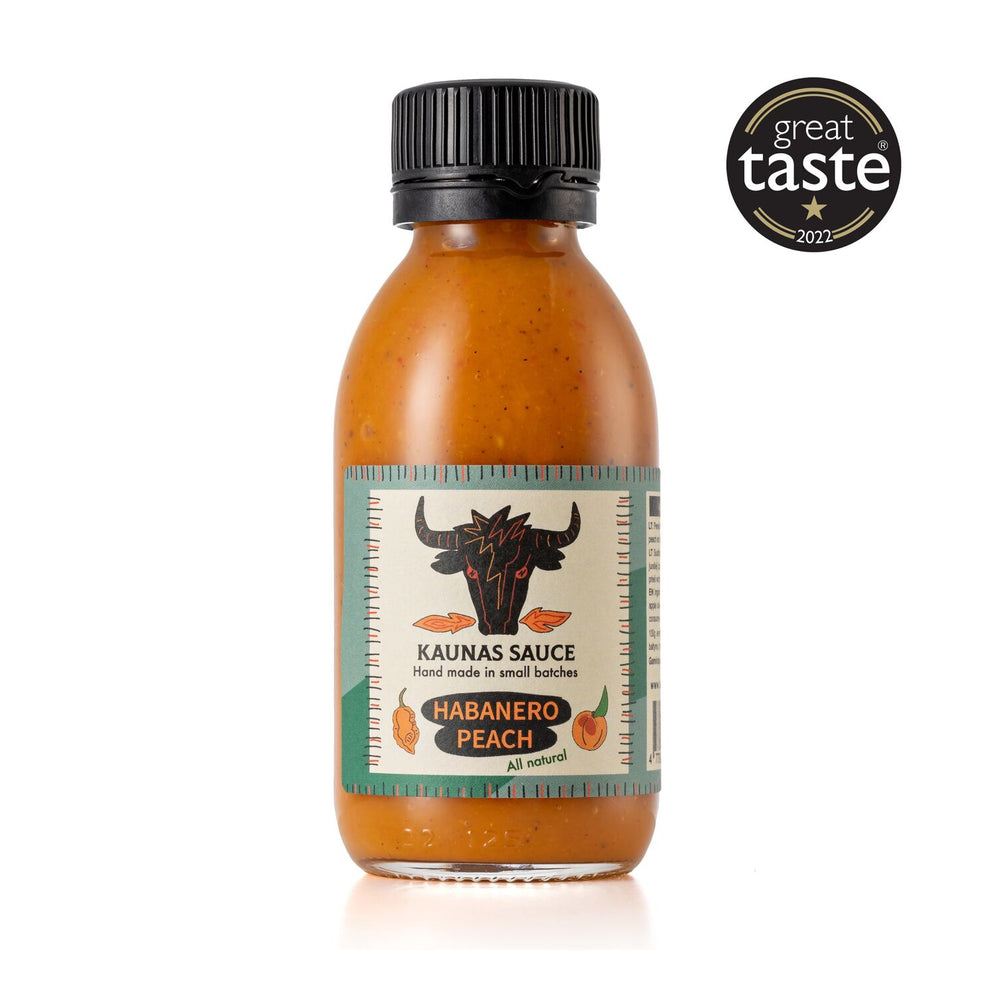 Bouteille de sauce piquante Kaunas Habanero Peach 125ml avec label Great Taste 2022