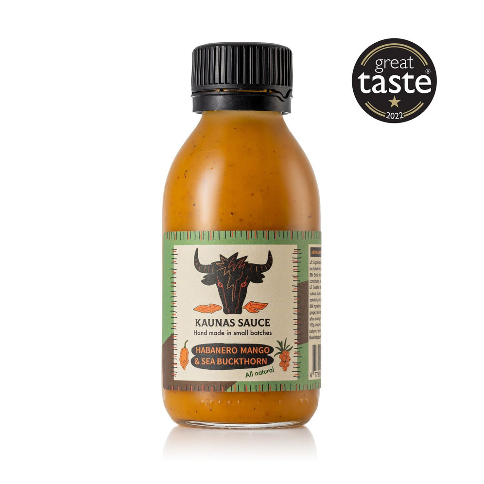 Bouteille de sauce piquante Kaunas avec habanero, mangue et argousier 125ml, primée au Great Taste 2022.