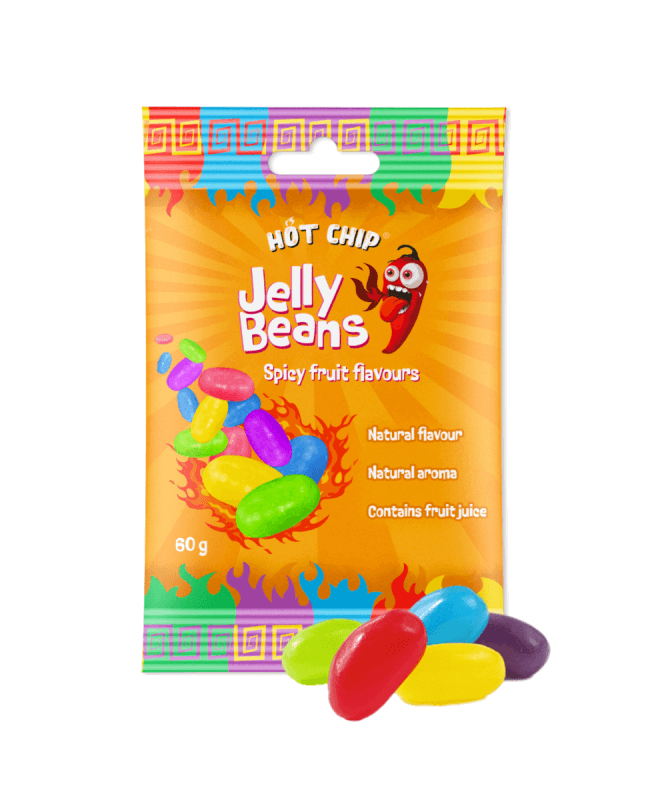 Sachet de Jelly Beans Saveurs de fruits épicés 60g avec sauce piquante et des haricots colorés