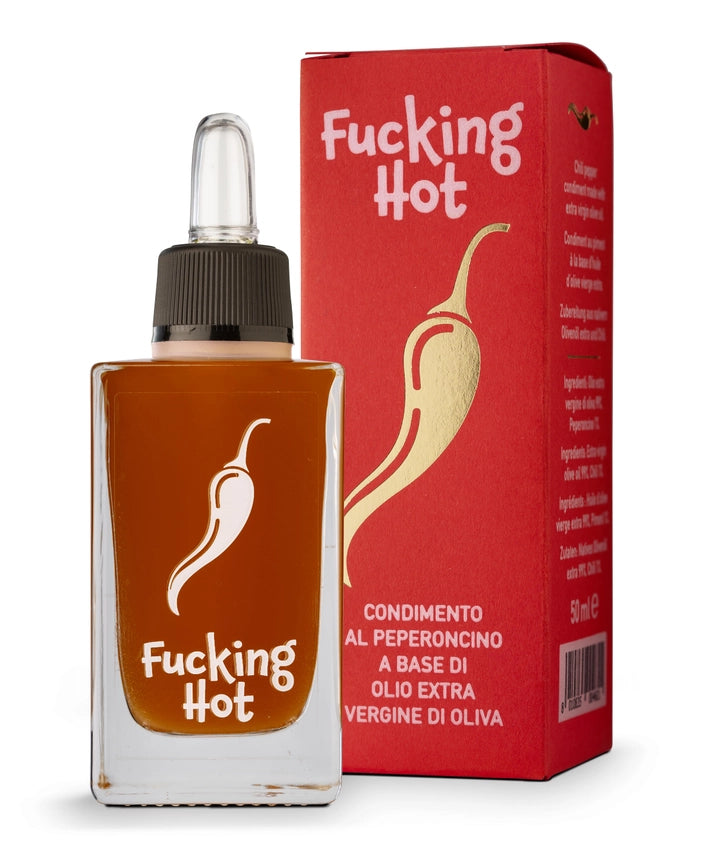 Huile d'olive extra vierge Fucking Hot 50ml avec piment, flacon avec compte-gouttes et boîte rouge, sauce piquante huile piquante