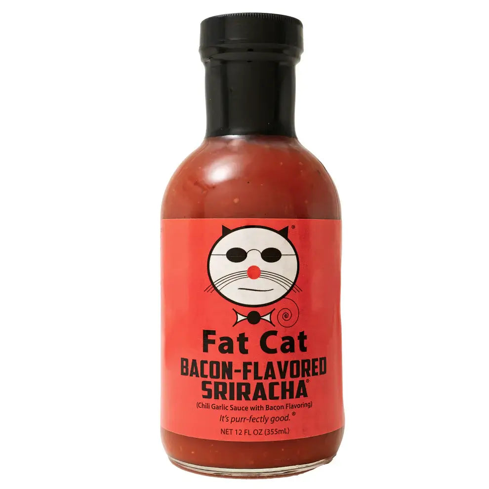 Bottle of Fat Cat Bacon-Flavored Sriracha Chili Garlic Sauce (Vegan) with bold label design.