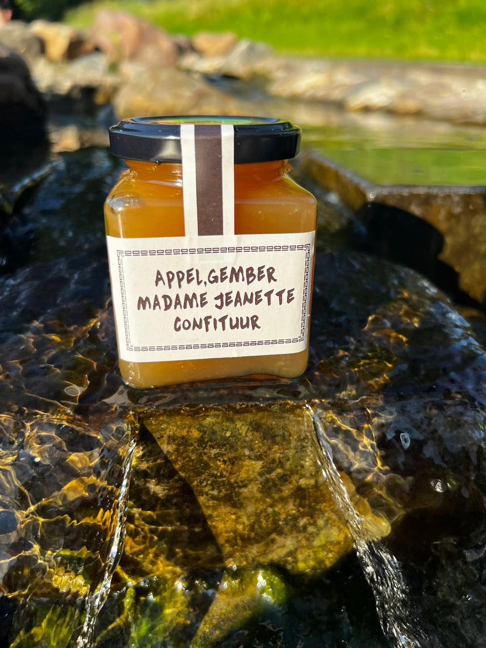 Confiture de pommes, gingembre et madame jeannete posée sur un rocher, sauce piquante parfaite pour le petit déjeuner ou apéritif.
