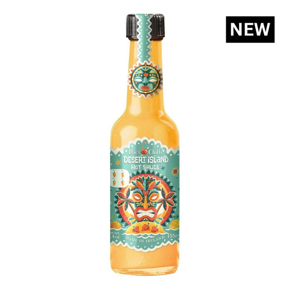 Bouteille de sauce piquante Desert Island Mic's Chilli avec piments jaunes Scotch Bonnet, mangue et ananas, nouveauté 155g.