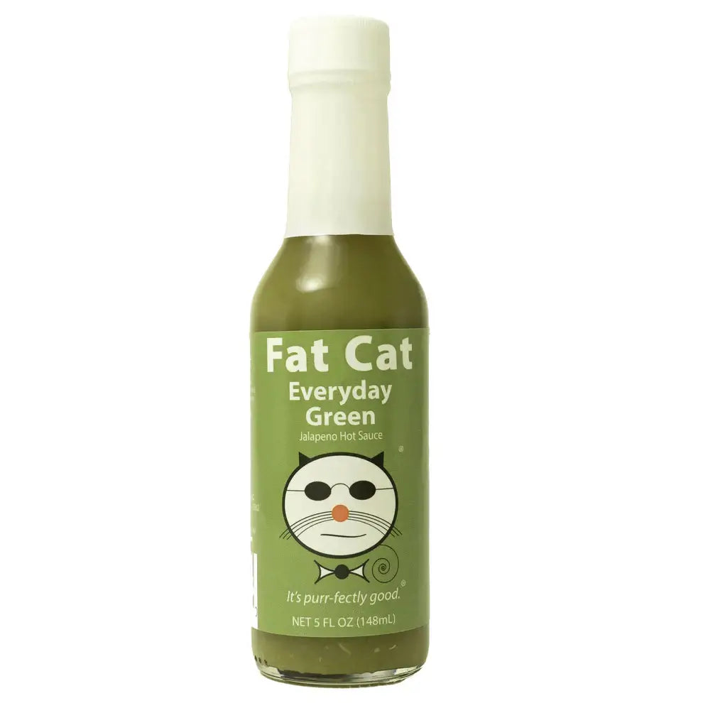 Green Fat Cat Everyday Green Jalapeno Hot Sauce bottle, a versatile mild green chili condiment for various foods.