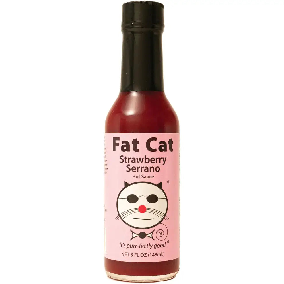 Fat Cat Strawberry Serrano Hot Sauce bottle with pink label and black cap