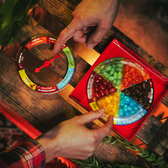 Mr Twister Jelly Beans Challenge 120g avec spinner, bonbons colorés et surprises saveur sauce piquante ou banane, huile piquante