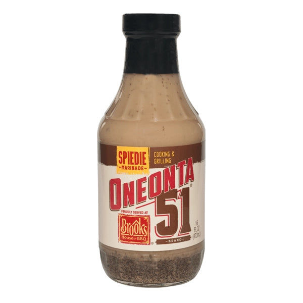 Bouteille de sauce piquante Spiedie marinade Oneonta 51 pour barbecue et grillades.
