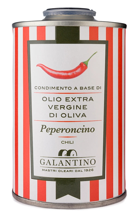 Huile d'olive extra vierge et piment rouge Galantino 250ml boîte à rayures rouges et blanches