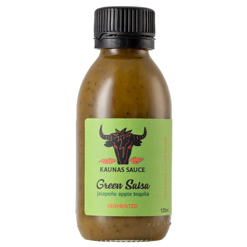 Sauce piquante Kaunas Sauce Green Salsa 125ml avec jalapeño, pomme, tequila. Saveur rafraîchissante parfaite pour tacos et marinades.