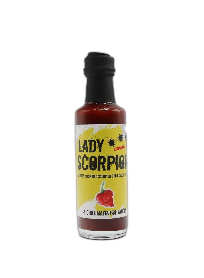 Bouteille de sauce piquante Lady Scorpion avec chili Trinidad Scorpion de Chili Mafia, gagnante des Golden Chili Awards 2018.