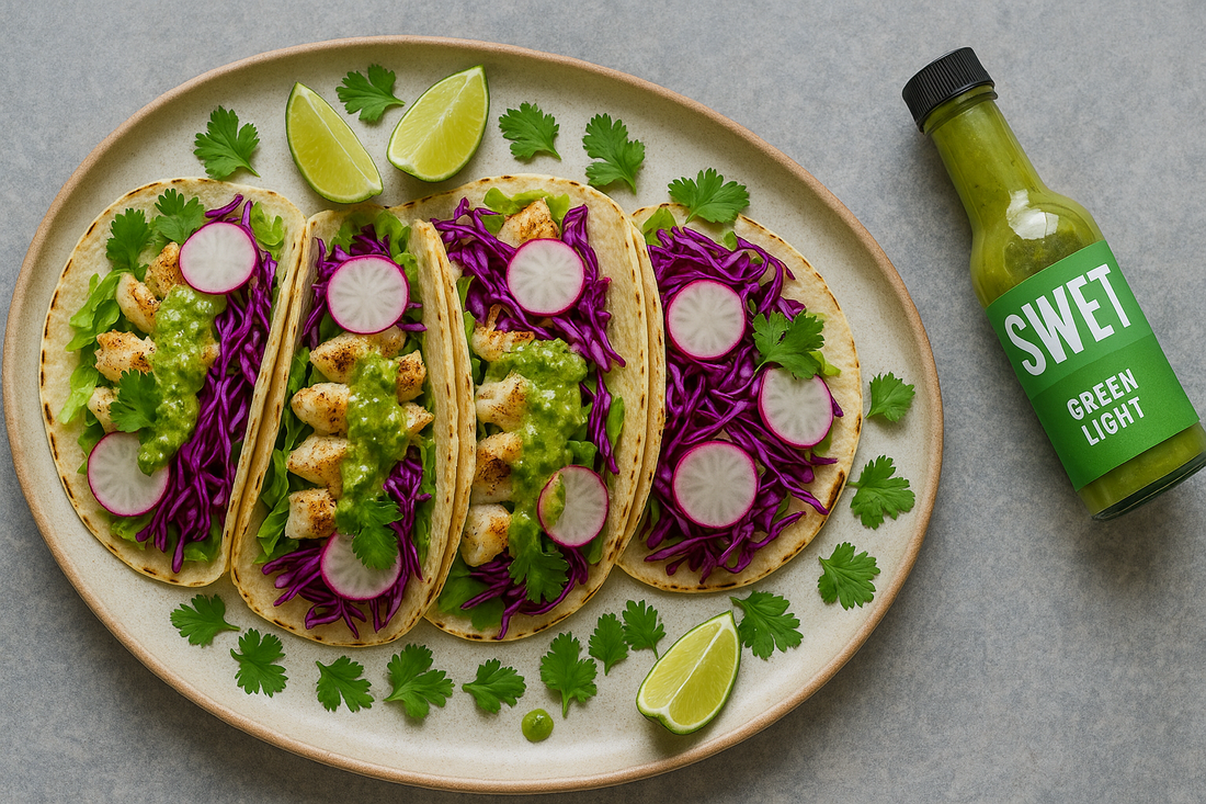 🐟 Tacos de poisson grillé, sauce Green Light de SWET et salsa verde