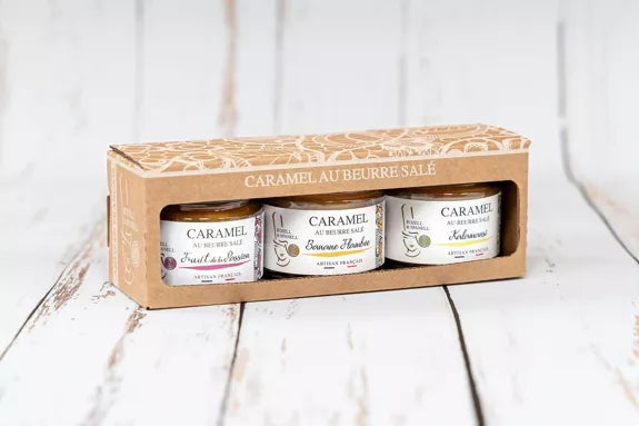 COFFRET CARAMEL PARFUMS ACIDULES 3X100G ( Fruit de la passion, Banane Flambée, Yuzu)