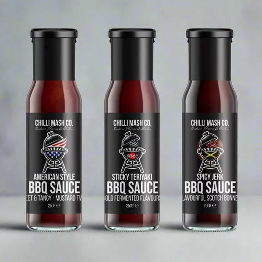 Pack de trois sauces barbecue | 3x 250g | Américaine, Jerk et Teriyaki - Chilli Mash Co.