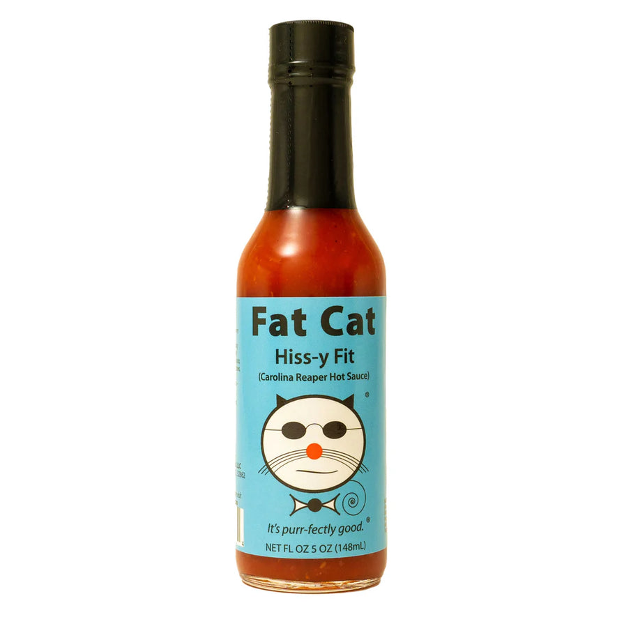 Sauce piquante Hiss-y Fit Carolina Reaper de Fat Cat Gourmet en bouteille de 5 oz, mélange intense de piments Carolina Reaper, jalapenos et poivrons rouges grillés.